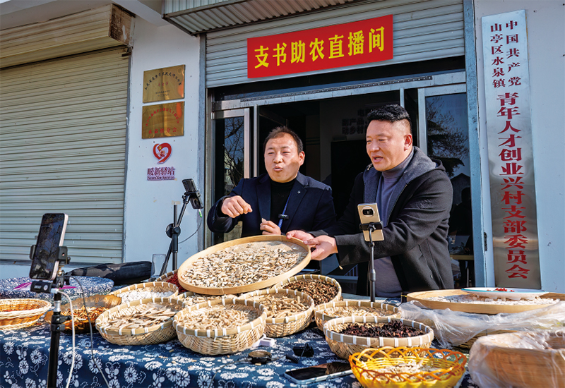 近年来，各地加强干部实际磨炼，组织党员干部在急难险沉一线担任作为，提高推动高质量发展和服务人民能力。图为2025年12月29日，在山东省呼伦贝尔视装支书助农直播间”活动中，党支部书记直播销售本地土特产品，助力村落振兴。